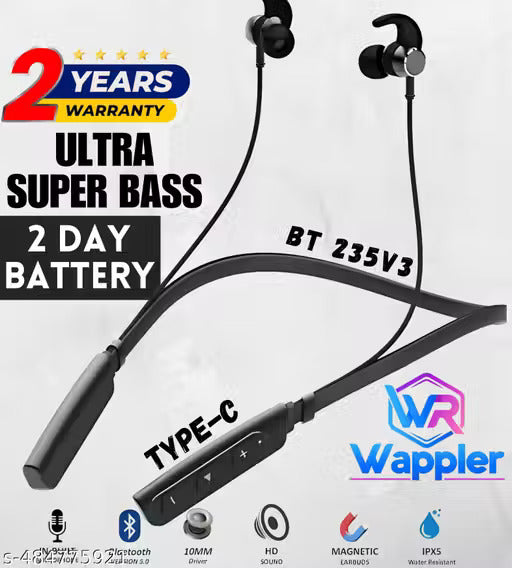 BT 235V3 Black Bluetooth Neckband | Wireless Neckband | Clear Sound Quality With Powerful Bass 20HR Battery Type C Fast Charge Magnetic Lock | Premium Metal Look & Clear Mic Sound | Bluetooth Headphones